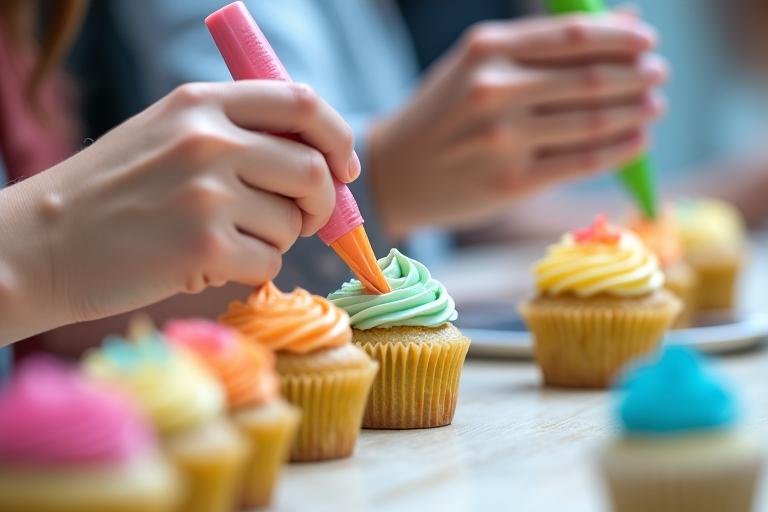 Partecipanti a un corso di pasticceria che imparano a decorare cupcake.