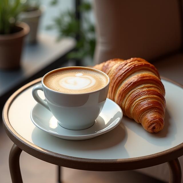 Un cappuccino e un cornetto su un tavolino del caffè.