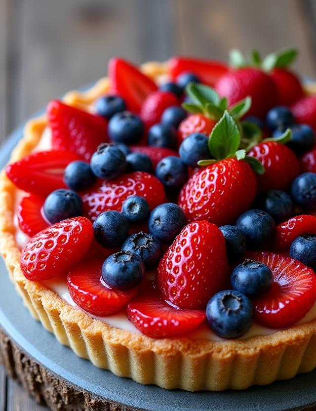 Crostata di frutta fresca con fragole e mirtilli.