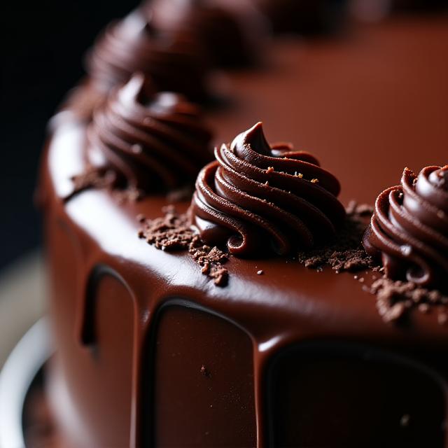 Dettaglio di una decorazione al cioccolato fondente su una torta.