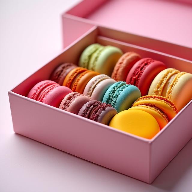Scatola di macarons colorati assortiti.