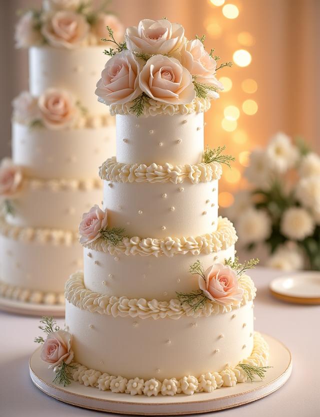 Elegante torta nuziale a più piani con decorazioni floreali.