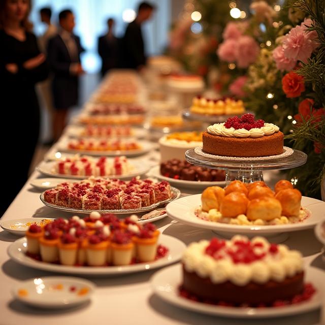 Tavolo da buffet per un evento con una varietà di dessert e torte.