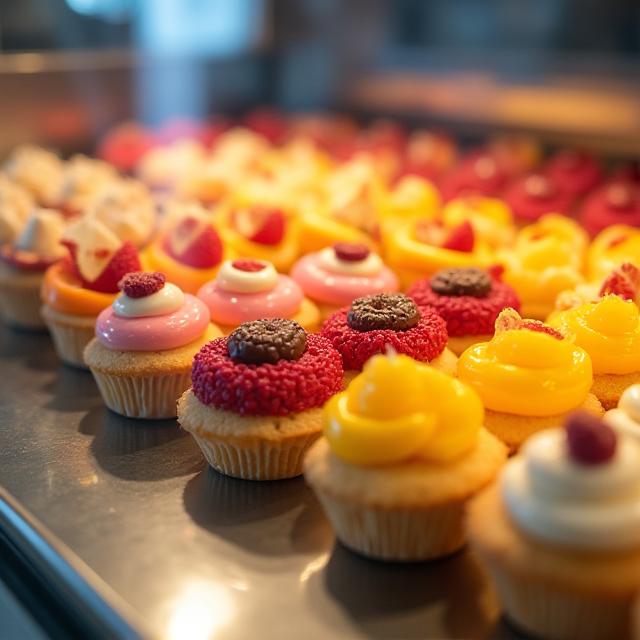 Vetrina con un assortimento di pasticcini freschi e colorati.