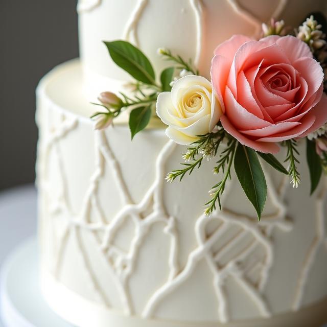 Dettaglio di una torta nuziale personalizzata con fiori freschi.