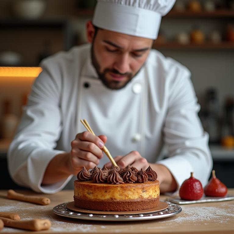 Il nostro pasticcere capo mentre decora finemente una torta.